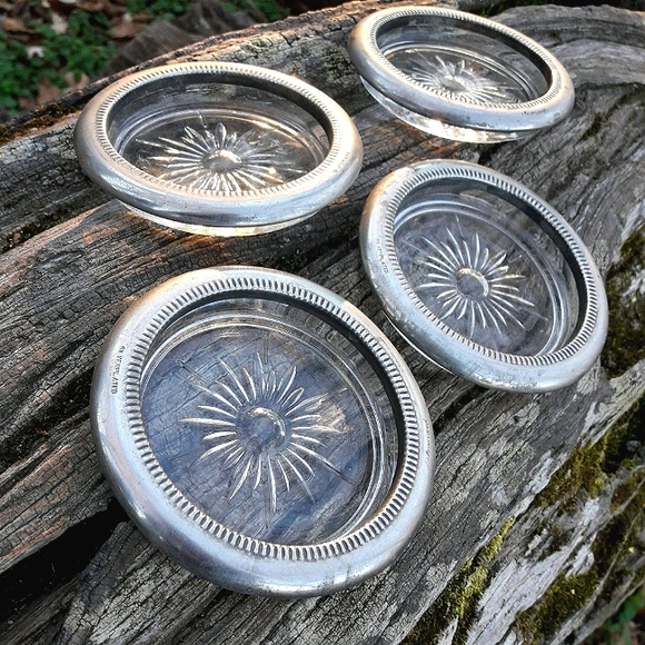 Silver Crystal Coasters Set Vintage Glass MCM
